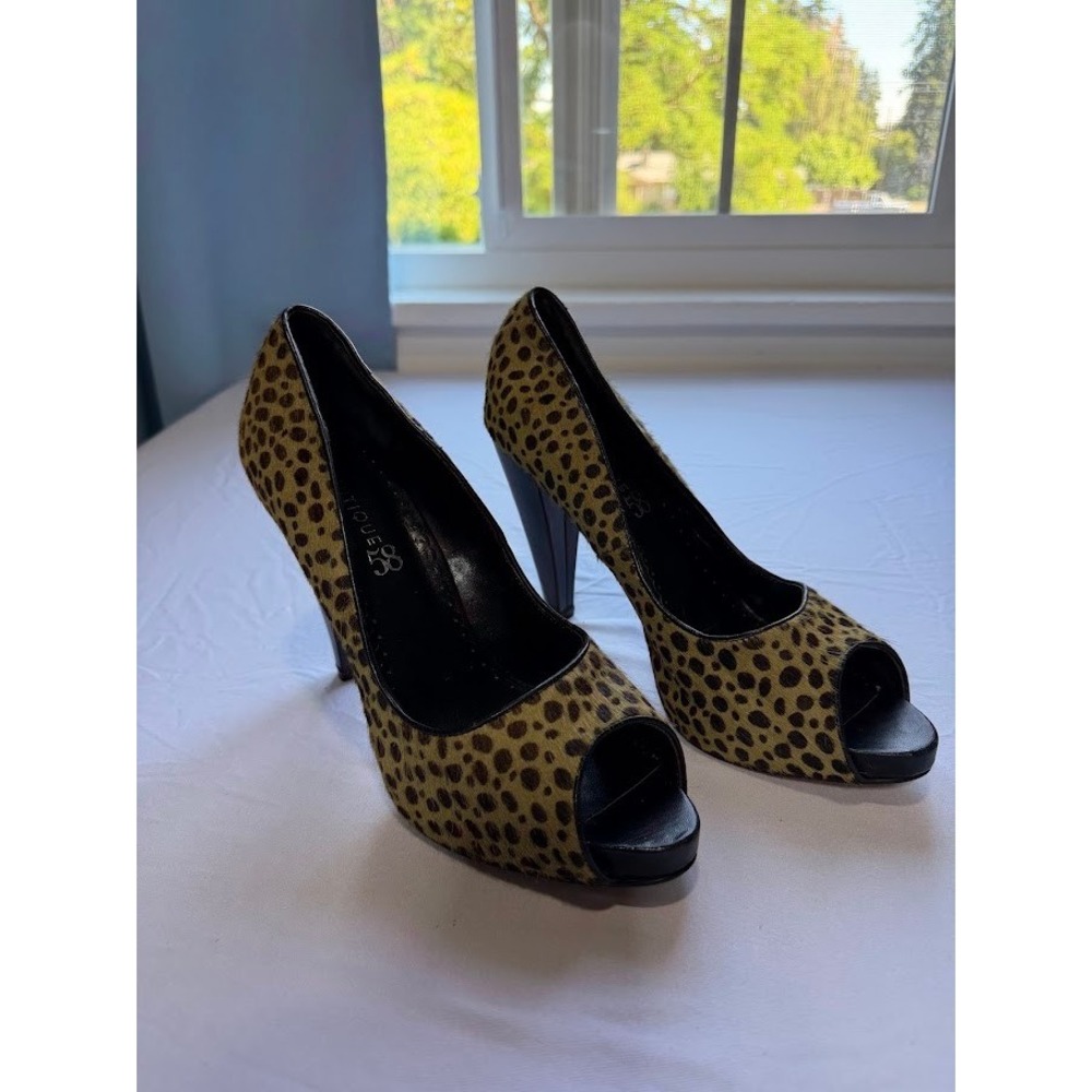 VTG Boutique 58 Leopard Print Calf Hair Peep Toe Pumps Tan Black Heels Size 10M
